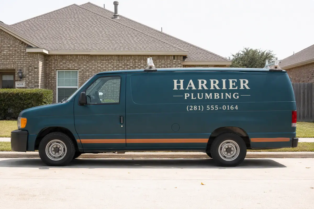 The Harrier Plumbing van, deep teal with a copper stripe, parked at a curb