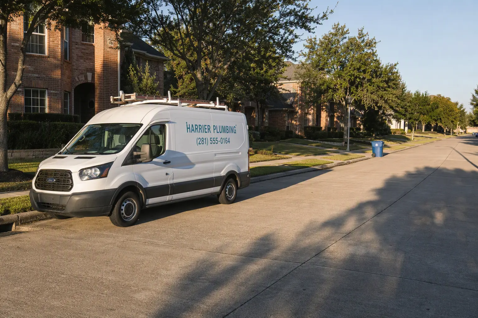 A white Harrier Plumbing van with teal lettering parked at the curb of a Katy street in the morning