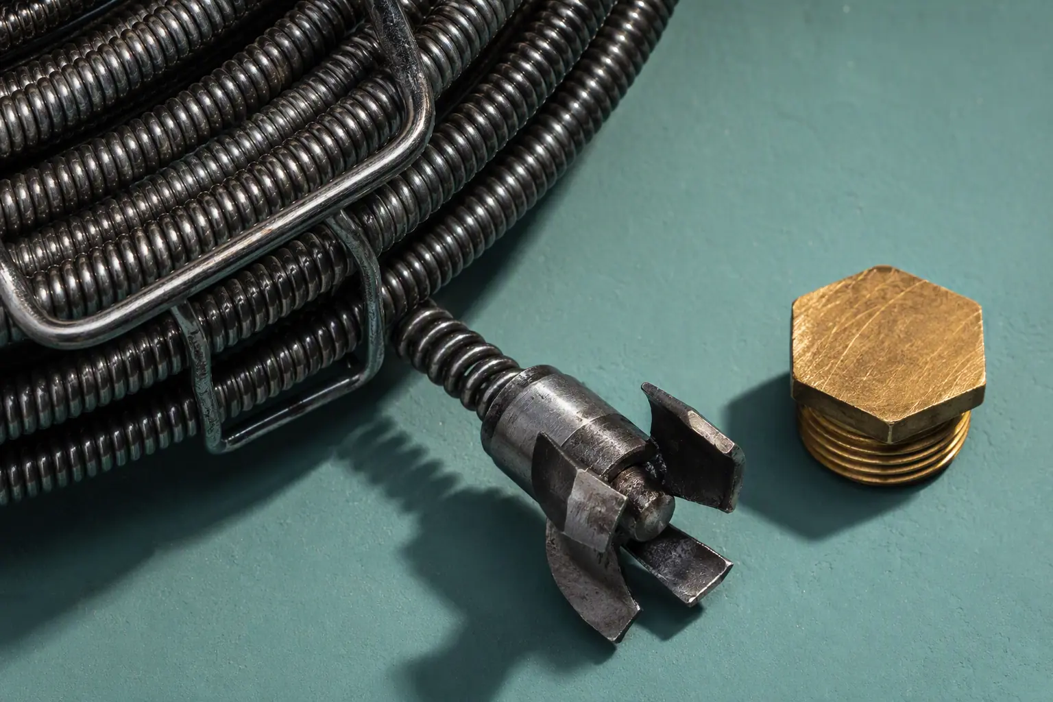 Drain Cleaning: the parts for the job on a verdigris board