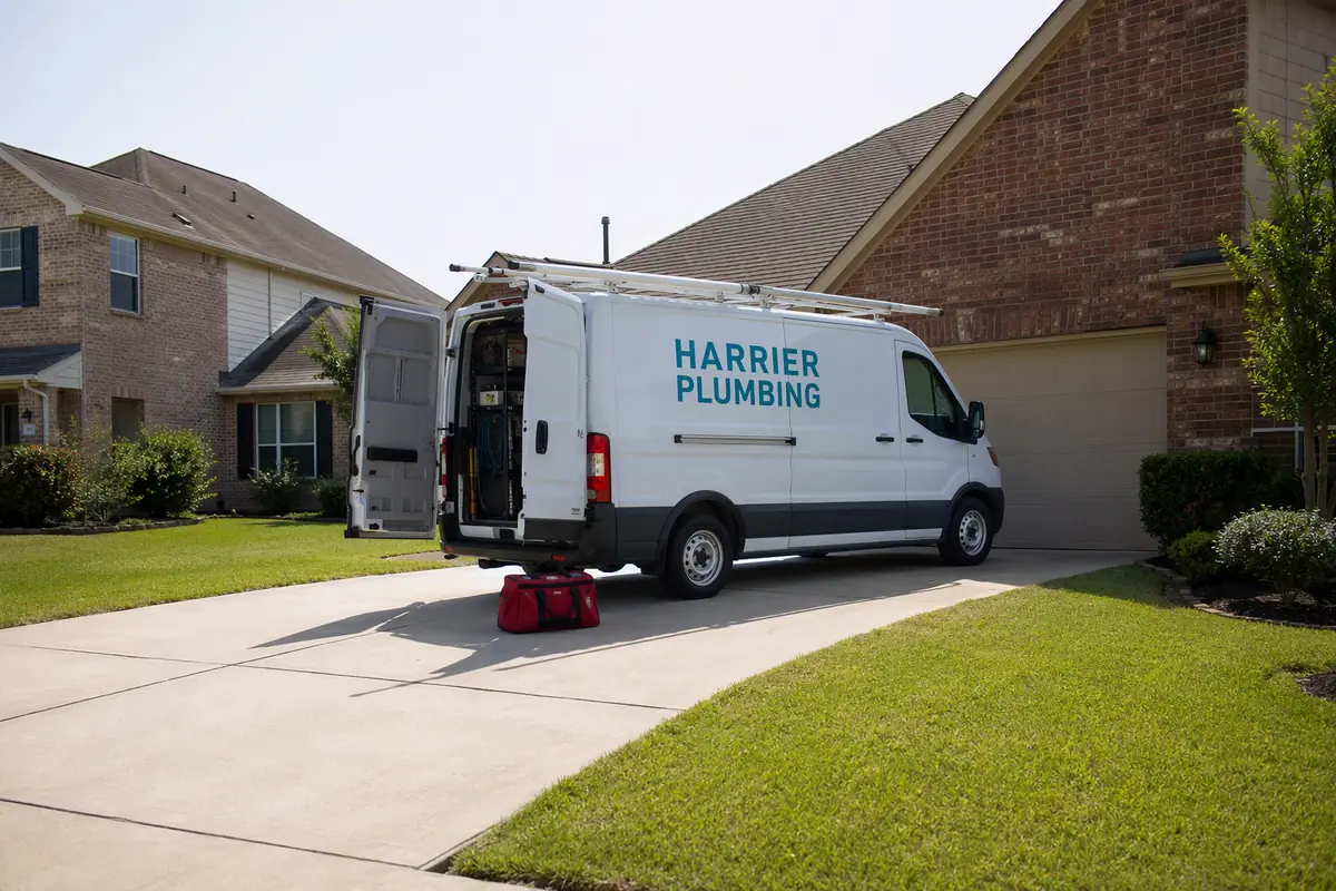 The Harrier van in a driveway with the doors open and a tool bag on the concrete