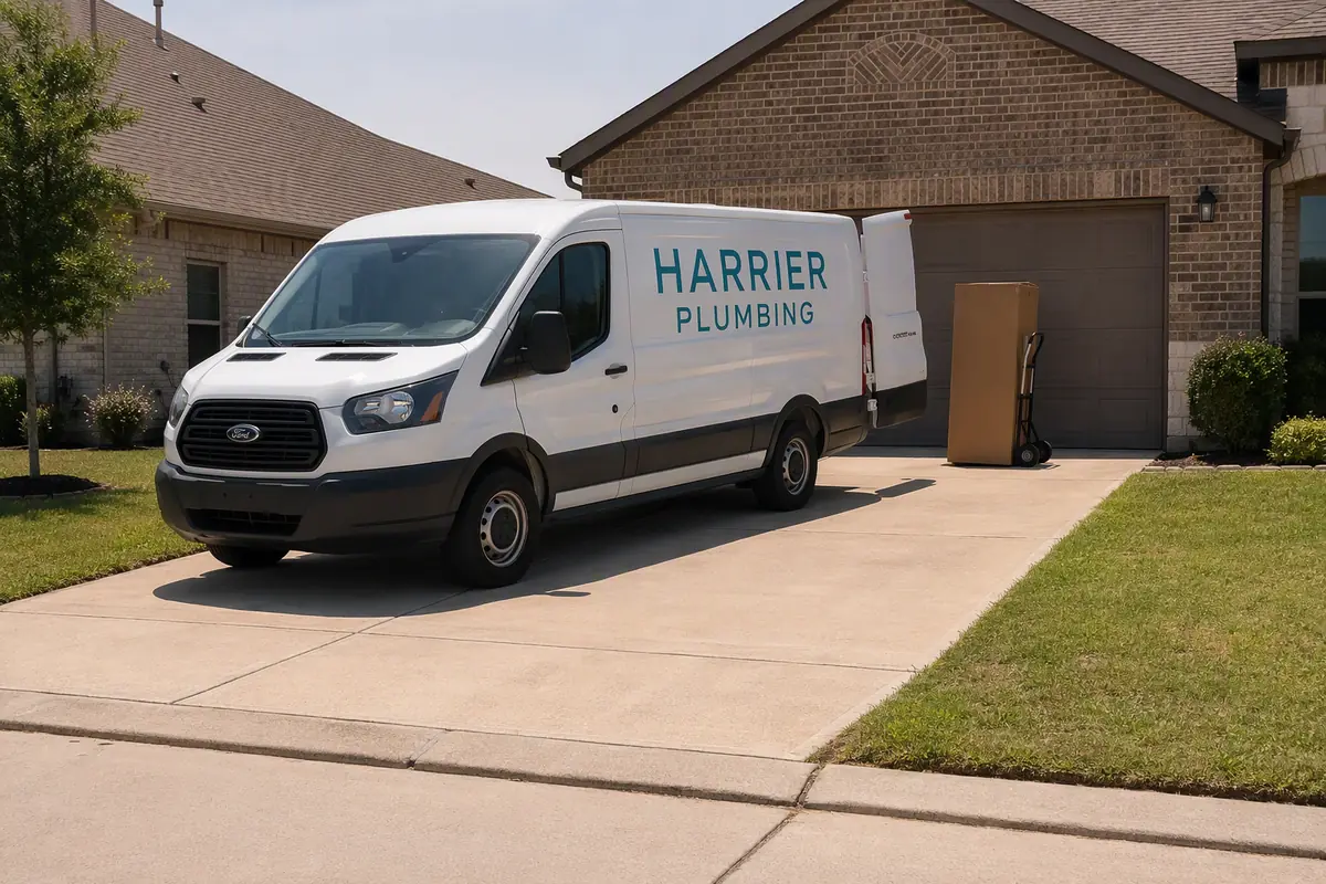 The Harrier van in a customer's driveway, rear doors open, a boxed water heater on a hand truck